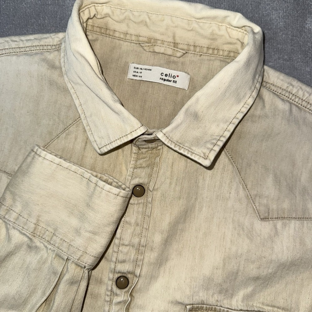 Celio Denim Pearl Snap Shirt‎ Mens XL Beige Tan Western Workwear Overshirt
